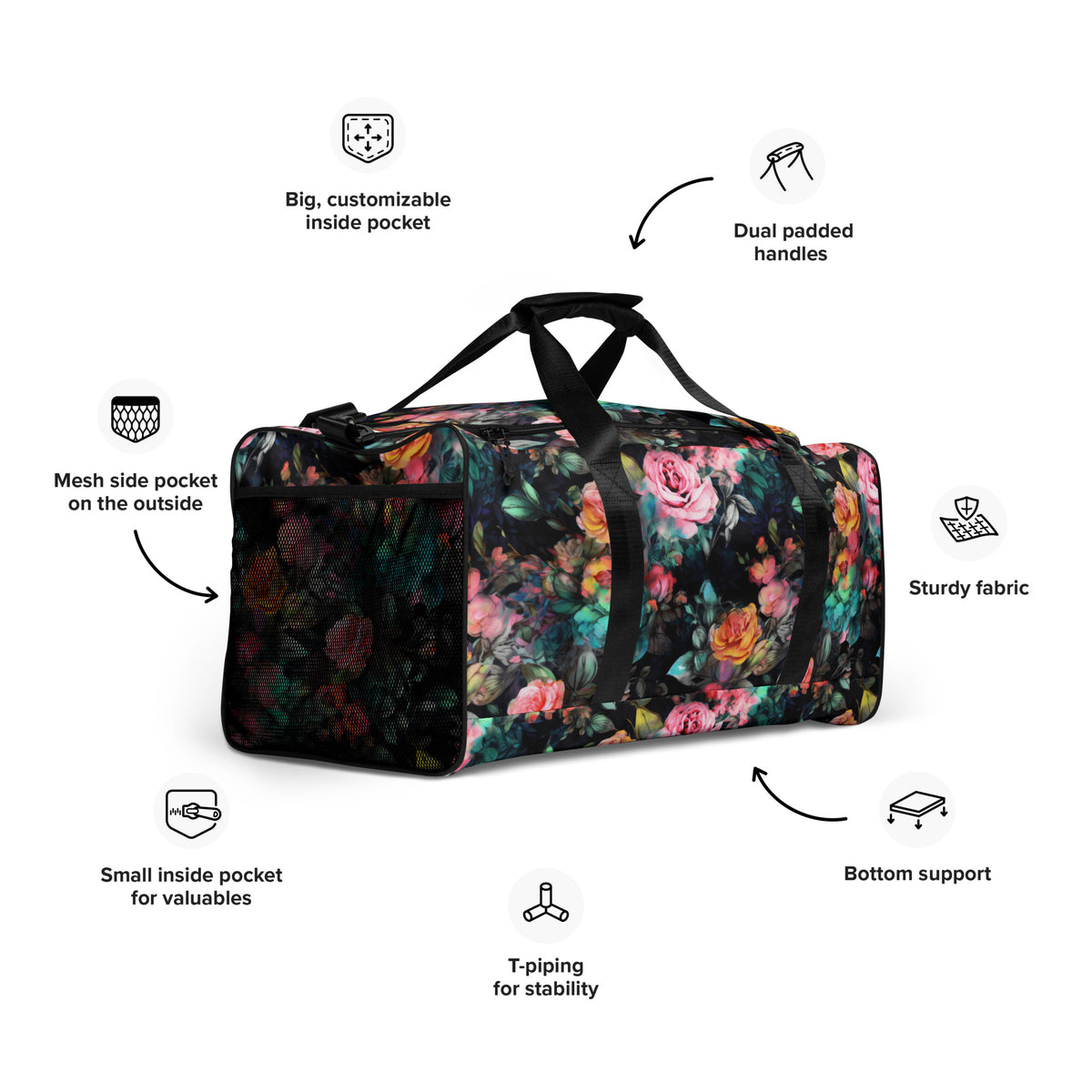 Full size black duffle bag with black handles and removable black shoulder strap and zipper enclosure with vivid rose feminine botanical floral pink yellow and teal pattern showing an angle on a diagram with features such as mesh side pocket, dual padded handles, sturdy fabric, and small inside pocket for valuables