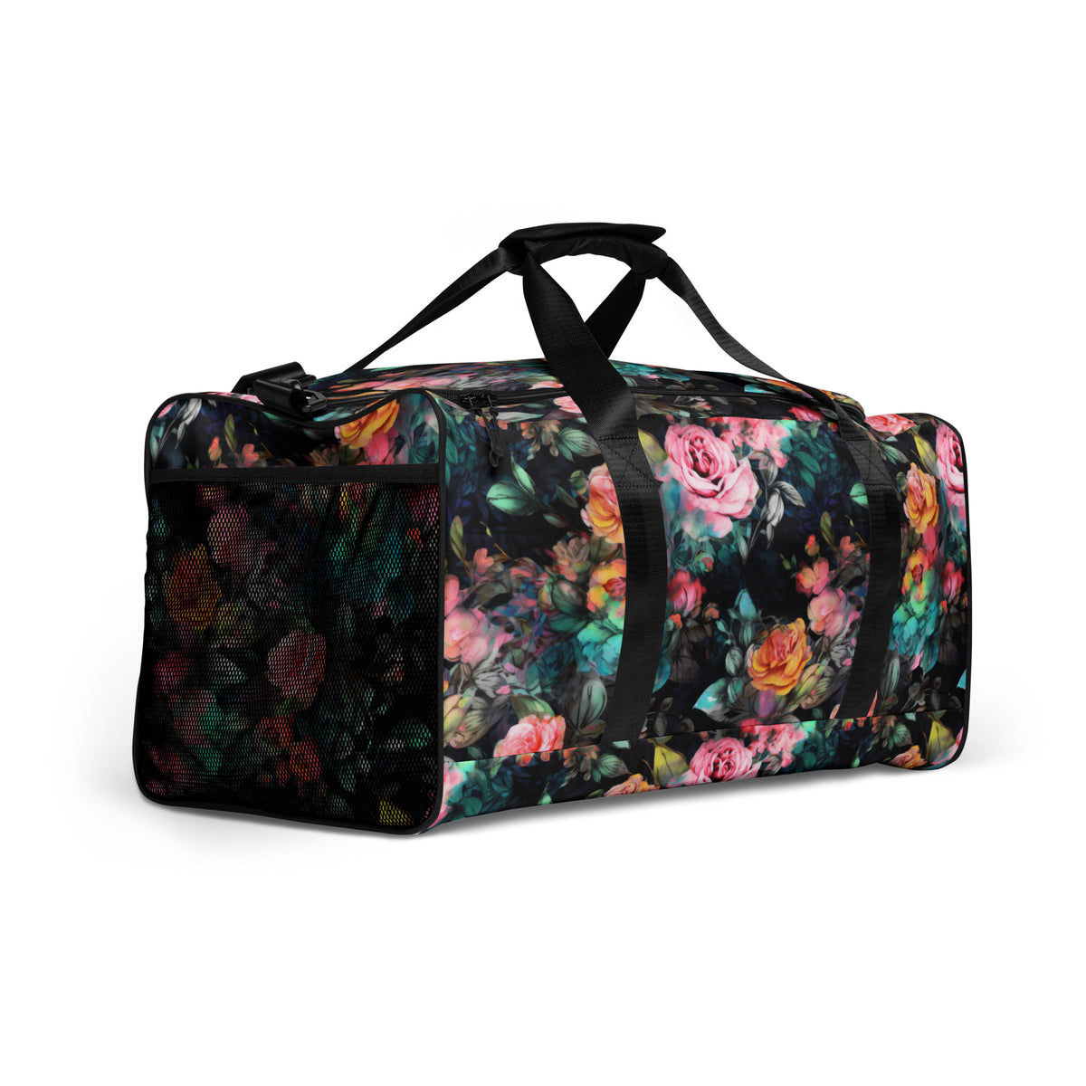 Full size black duffle bag with black handles and removable black shoulder strap and zipper enclosure with vivid rose feminine botanical floral pink yellow and teal pattern showing the back and the mesh side pocket