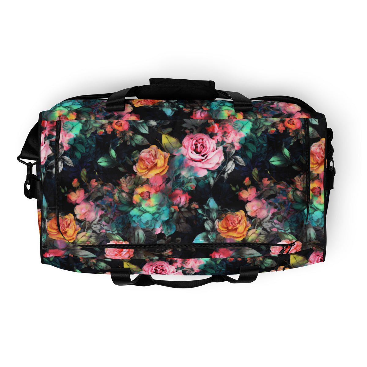 Full size black duffle bag with black handles and removable black shoulder strap and zipper enclosure with vivid rose feminine botanical floral pink yellow and teal pattern showing the top