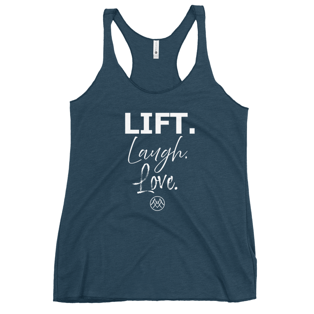 Women's Racerback Tank: Basics Collection in Lift Laugh Love White