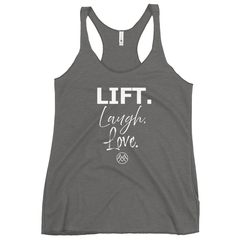 Women's Racerback Tank: Basics Collection in Lift Laugh Love White