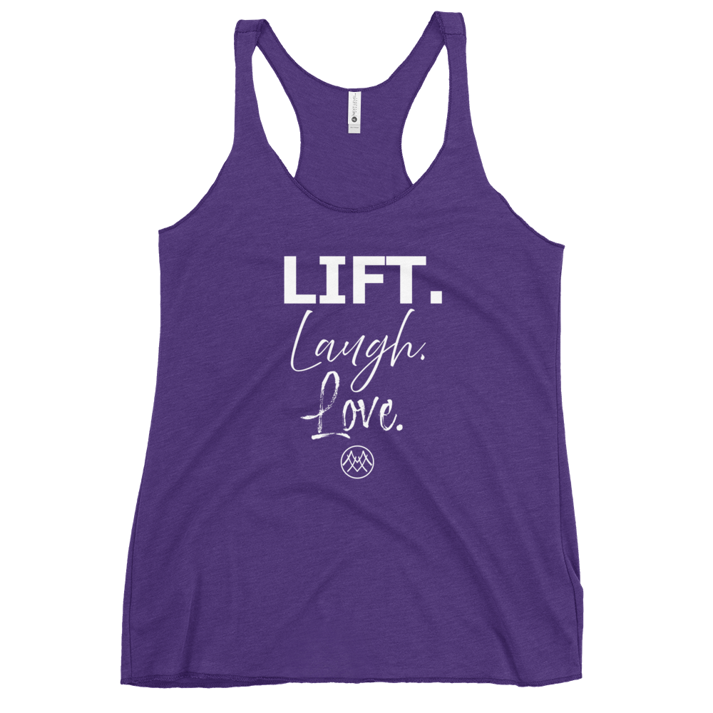 Women's Racerback Tank: Basics Collection in Lift Laugh Love White