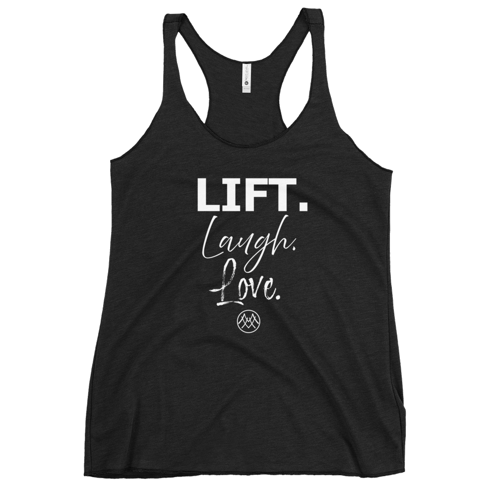 Women's Racerback Tank: Basics Collection in Lift Laugh Love White