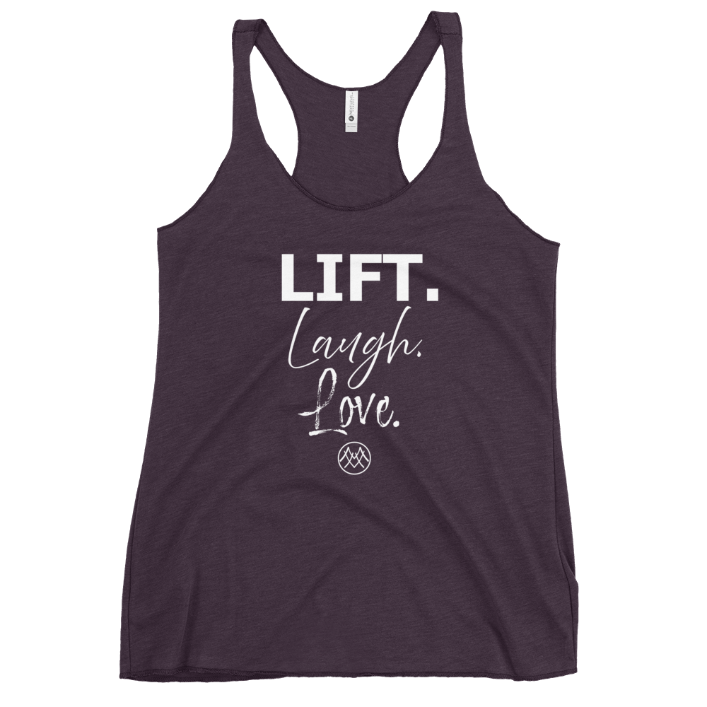 Women's Racerback Tank: Basics Collection in Lift Laugh Love White