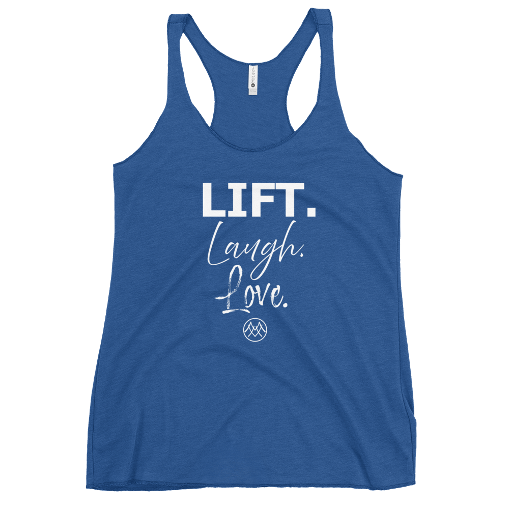 Women's Racerback Tank: Basics Collection in Lift Laugh Love White